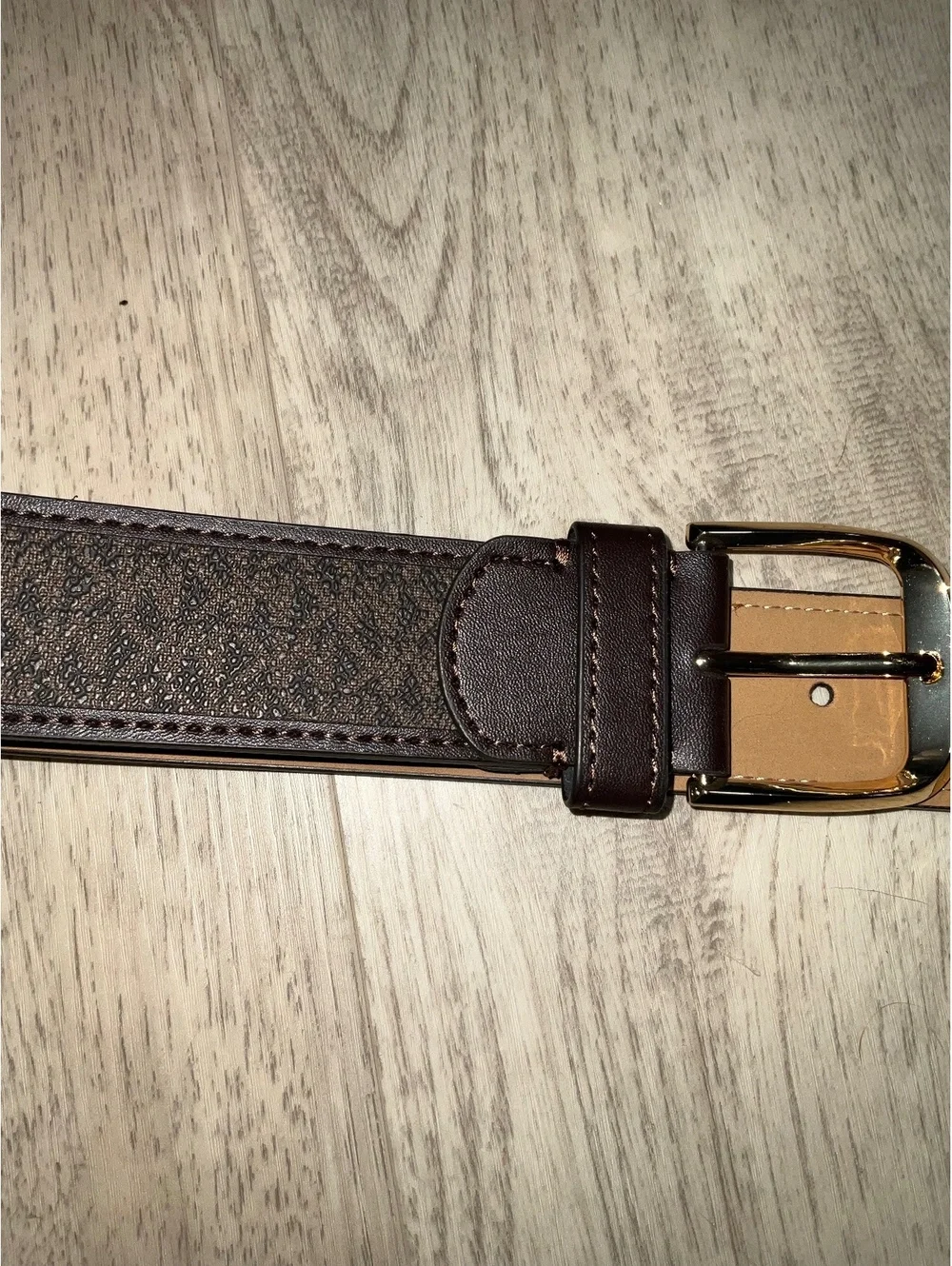 Michael Kors Brown Logo Patterned Belt with Gold Buckle
